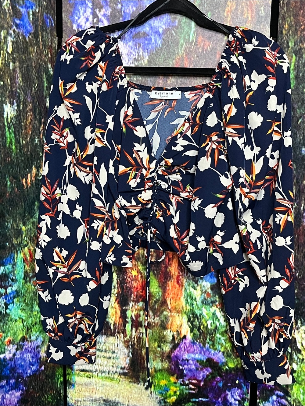 Everly Navy Floral Tie-Front Puff Sleeve Blouse